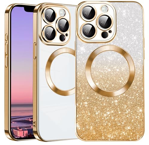 Kainevy for iPhone 12 Pro Case Clear Glitter Cute Girly for MagSafe Full Camera Lens Protector Cover for iPhone 12 Pro Phone Case Silicone Magnetic Slim Bling Sparkle Aesthetic Luxury (Gold)