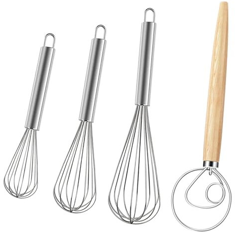 Stainless Steel Whisk Set, 4 Packs Balloon Whisk Dough Whisk, Wire Whisk for Cooking, Hand Whisk Manual Egg Beater Kitchen Utensils for Stirring, Blending (8,10,12,13)