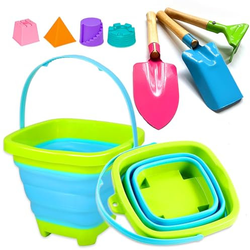 KY-Tech Kids Beach Toys Foldable Beach Bucket And Spade Set, Collapsible Beach Bucket with 3pcs Metal Spade and 4pcs Sand Moulds For Boys Girls Summer Beach Party