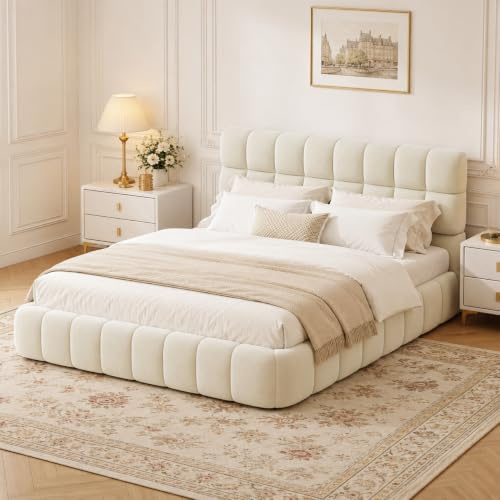 JOROBURO Bubble Bett 160x200 cm mit Gepolstertes Kopfteil, Polsterbett Cloud Bett mit Lattenrost, Bodenbett Jugendbett Bettgestell Flachbett Gästebett, für Schlafzimmer und Gästezimmer, Leinen, Beige