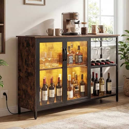 TANGZON Wine Bar Cabinet with LED Lights, 2 Door Drinks Sideboard with Power Outlets, Wine Rack, Bottle Holder & Anti-tipping Kits, Industrial Storage Cupboard Unit Organizer for Home Bar Kitchen