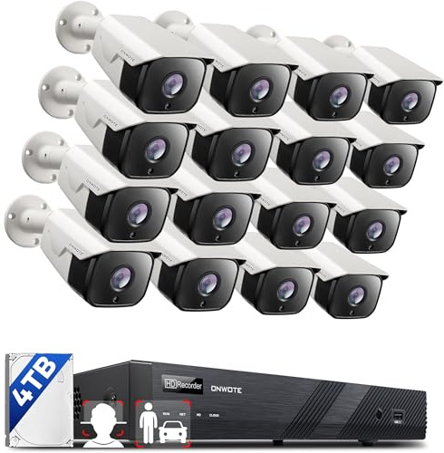 16 Channel System ONWOTE 5MP HD Audio PoE Security Camera, 16CH 5MP H.265 NVR 4TB Hard Drive 16 Outdoor 5 Megapixels 1944P HD IP Ethernet Security Cameras, 100ft Night, Remote Monitoring System