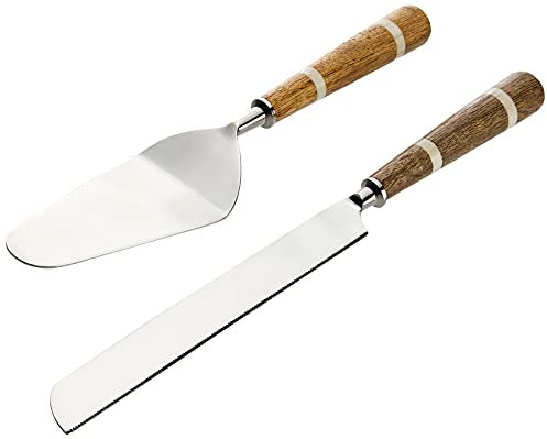 Creative Co-Op Stainless Steel Cake Knife & Server with Wood & Horn Inlay Handle and Bag (2 Pieces) Tortenmesser und Tortenheber, Edelstahl, braun