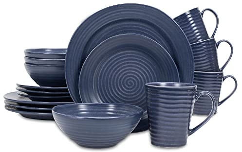 Elanze Designs Charming Chic Ribbed Modern Thrown Pottery Look Ceramic Stoneware Plate Platter Mug & Bowl Kitchen Dish Dinnerware 16 Piece Set - Service for 4, Navy Royal Blue