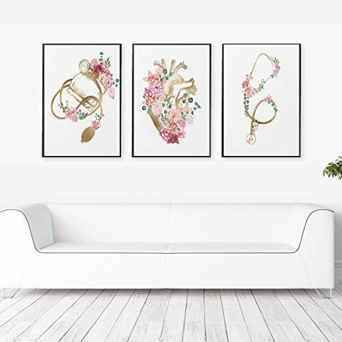 Kardiologe Büro Dekor Poster Blumenkunst Herz Stethoskop EKG Leinwanddrucke Arzt Medizinische Wandkunst Kardiologie Malerei 20X28X3Pcs Kein Rahmen
