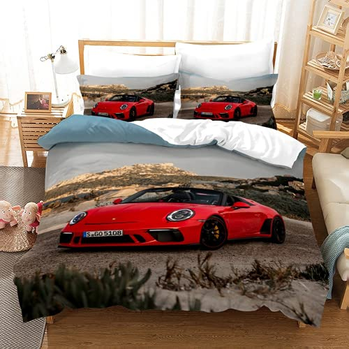 Amacigana 3D Cooler Roter Rennauto Auto Bettwäsche Sportwagen Bettwäsche Set 135x200cm rennauto Bettbezug Set für Kinder Bettwäsche Weich Mikrofaser Bettbezug (A3,135x200/80x80cmx1)