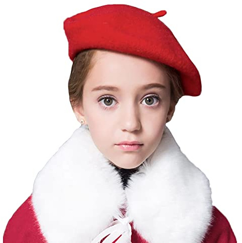 Kids Winter Wool Beret Hat Solid Color Beanie Cap French Artist Beret Hat Fashion Winter Autumn Warm Cap Child World Book Day Costume Fancy Dress French Style Beanies for Girls Boys 2-6 Years Old Red