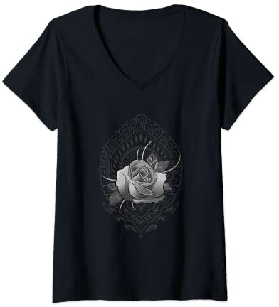 Damen Rose und Mandala Tattoo Studio Design Rosen Tattoo T-Shirt mit V-Ausschnitt