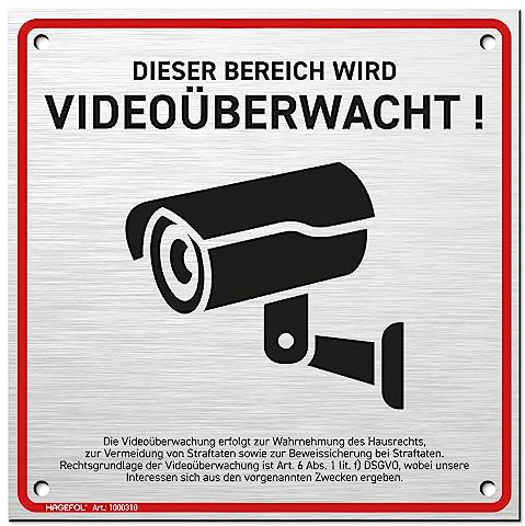 HAGEFOL® Schild Videoüberwachung (15x15 cm - klein) mit DSGVO Hinweis, inkl. 4 Bohrlöcher, Kamera Warnhinweis für Überwachungskamera oder Kamera Attrappe (Aluminium gebürstet)