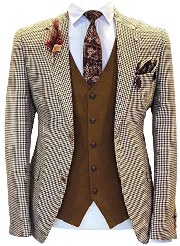 Kromoc Hommes Veste Manteau Pied-de-Poule à Deux Boutons avec Revers crantés pour Les dîners en Smoking