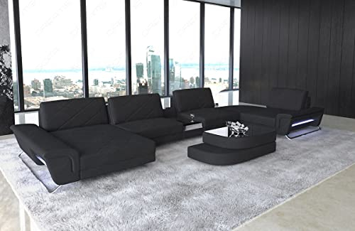 Sofa Dreams Stoff Wohnlandschaft Bari - mit LED Beleuchtung, verstellbare Kopfstützen, Ottomane/Mikrofaser/Ausrichtung wählbar (Ottomane Links, Schwarz)