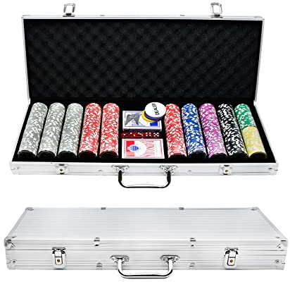 YARDIN Pokerkoffer 500 Chips Pokerset Pokerchips Poker inkl. 5 Würfel, 3 Dealer Button, 2 Pokerdecks, 2 Schlüssel, 1 Alu Pokerkoffer, für Texas Hold'em Poker, Party, Game (Silber)