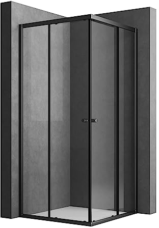 Duschkabine 90x90cm Schiebetür, Schwarz Duschkabine Eckeinstieg mit Schiebetürn 6mm ESG Sicherheitsglas Duschschiebetür Duschabtrennung Duschwand Höhe 185cm