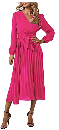 20er Jahre Kleid Tunika Kleid Damen Kleid Glitzer Elegant Einfarbig Langarm Kleider mit Gürtel V-Ausschnitt Swing A-Linie Kleid Hohe Taille Lang Ballkleid Petticoat (Hot Pink,L)