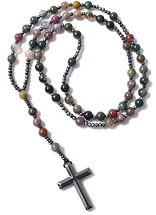 Textiles 4 Home Catholic Rosary Beads Necklace For Women Men Hematite Cross Pendant with Indian Agate and Hematite Stone Prayer Beads Gift Boxed