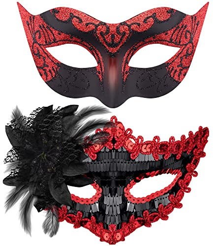 SIQUK 2 Stück Venezianische Maske Paar Maskerade Mask Venezianischen Maske Kostüm Masken für Damen Herren Halloween Karneval Party, Schwarz & Rot