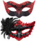 SIQUK 2 Stück Venezianische Maske Paar Maskerade Mask Venezianischen Maske Kostüm Masken für Damen Herren Halloween Karneval Party, Schwarz & Rot