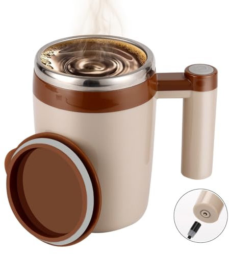 Self stirring coffee mug,Rechargeable Auto Magnetic Stirring Coffee Cup,Brown Stainless Steel Waterproof Automatic Mixing Mug for Milk and Cocoa in Office Kitchen Travel,14 oz Coffee Mug
