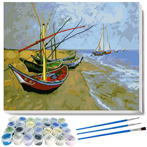 liziciti Kit de peinture par numéro - Série de chef-d'œuvre de Vincent Van Gogh - Pour adultes et enfants débutants - 40 x 50 cm - Sans cadre (bateaux de pêche)