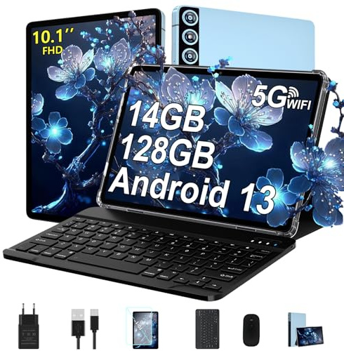 ZIOVO Tablet 10 Pollici Android 13 Tablets,14GB RAM + 128GB ROM(1TB TF),Octa-Core 2.0 GHz,5G WiFi/8000 mAh/8+5MP/BT 5.0/Widgets/Copertura in Metallo,2 in 1 Tablet con Tastiera e Mouse- Blu