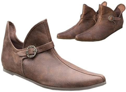 Mittelalterliche Stiefel Männer Frauen Kurze Stiefel PU Leder Flache Schuhe mit Verstellbaren Gürtelschnalle Retro Leder Stiefeletten für Männer Frauen,Braun,45