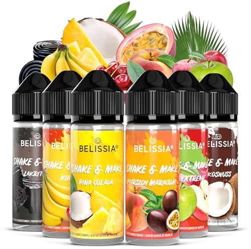 Belissia Shake and Make - Set-Exotisch | Hochdosiertes Lebensmittel Aroma 6x10 ml mit praktischer Schüttelflasche zum mischen. Zur Verwendung in Lebensmitteln