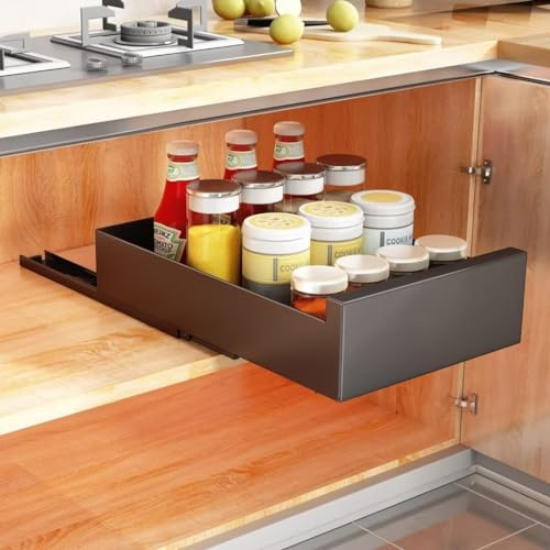 ZOKT Teleskopschublade, Ausziehbare Schubladen-Aufbewahrungsregale für Küchenschränke 25 cm B x 43 cm T x 9 cm H, Schubladeneinsätze für Küchenschrank, Kein Bohren und Nageln Erforderlich, Schwarz