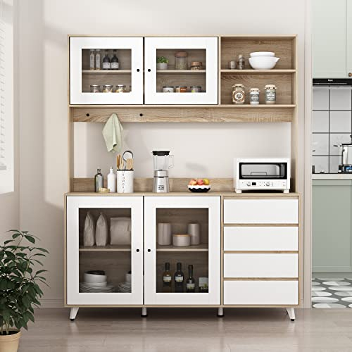 Caldion Freistehender Küchenschrank mit Glastüren, Buffetschrank Vitrinenschrank mit Einlegeböden und Schubladen,Modernes Sideboard mit Hutch und Haken 160 cm weiß und Holzfarbe