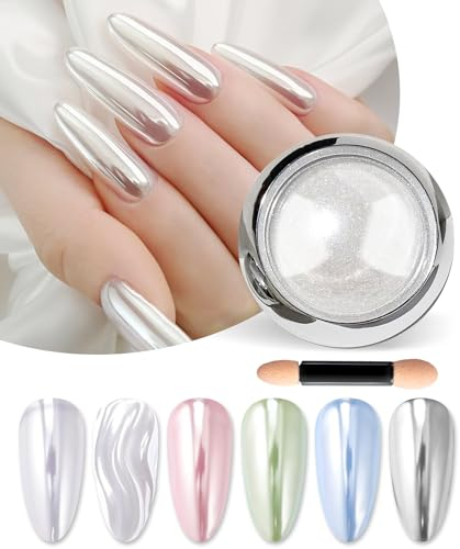 BISHENGYF Chrome Nail Powder - Super Mirror White Metallic Mermaid Effect for Gel Nails, Pearl Glitter for Nail Art Decoration