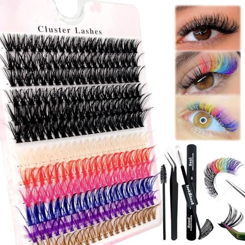 240 Pcs DIY Extensions de cils Set 0.07D Cils Uniques Individuels Faux cils Cluster Mix 6 couleurs avec colle à cils et pince à épiler pour débutants Réutilisable Touffes de cils (60D+Color)