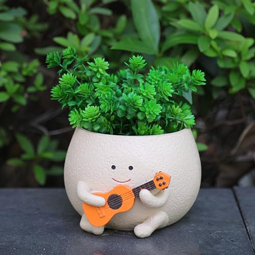NINIPAPA Maceta de cara sonriente para guitarra, con agujeros de drenaje, divertidas macetas pequeñas para suculentas de interior, regalos únicos para los amantes de las plantas