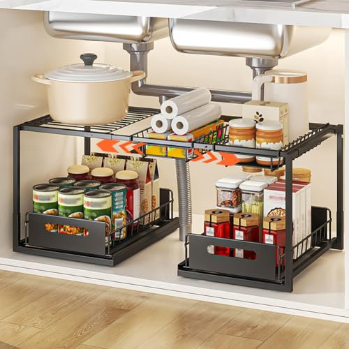 YunNasi Organizador Bajo Fregadero, Armario 2 Niveles Metal Ampliable Estantería Bajo Fregadero, Bandeja Extraible Mueble Almacenaje para Cocina Baño (Negro, B-Estilo)