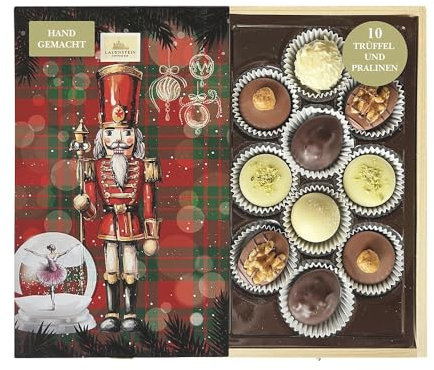 Lauensteiner Weihnachtspralinen Holzbox Nussknacker, 125g, 6-fach sortiert, 10 alkoholfreie Pralinen, edle Weihnachtspralinen, Geschenkidee zu Weihnachten, Schokolade für Kinder und Erwachsene