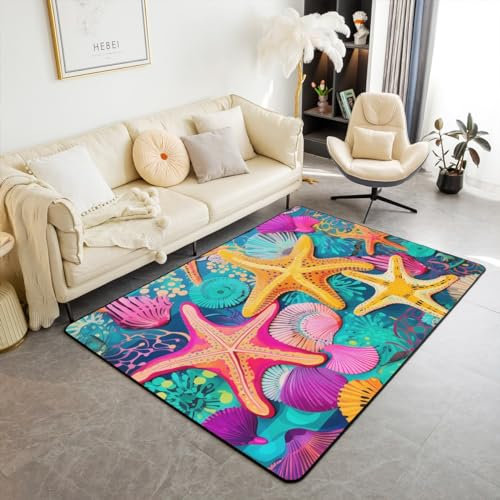 Homemissing Seesterne Beach Teppich 100x150cm Küsten Beach Ozean Super Weich Wohnzimmerteppich Ozean Marine Wetterfest Modern Teppich Anker Outdoor Teppich für Küche Balkon Wohnzimmer