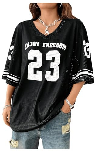 GORGLITTER Women's Letter Graphic V Neck Half Sleeve T Shirts Drop Shoulder Loose Jersey Tops Black Small