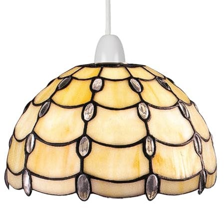 Tiffany Style Pendant Light, Stained Glass Jewel Dome Lampshade, Easy Fit Ceiling Fixture, Beige Jewel (Clear Jewel)