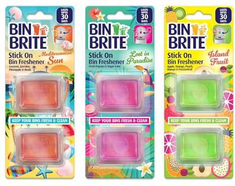 Bin Brite Stick-On Bin Freshener – 3 Assorted Fragrances (2 Pack) | Long-Lasting Air Freshener for Bins | Mediterranean Sun, Island Fruit & Lost in Paradise