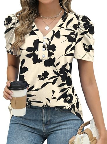 EFFAN T Shirts for Women Puff Sleeve V Neck Tops for Women Summer Casual T-Shirt Tunic Blouse(Apricot Black-Floral,XL)