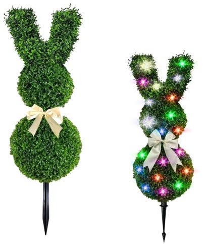 Kashyke Osterdeko Outdoor Groß Künstlich Buchsbaum Hase Gartenstecker Modern Ostern Frühling Deko für Draußen Garten Hasen Deko Osterhase Frühlingdeko Osterdekoration (#03-mit Licht)