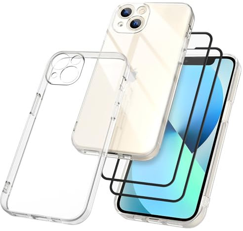 Meliya Coque pour iPhone 13 Mini 5.4” avec 2 Pieces Verres Trempés, Étui en Silicone avec Doublure en Microfibre Souple, Conception Spéciale de Bord Droit (Transparent)