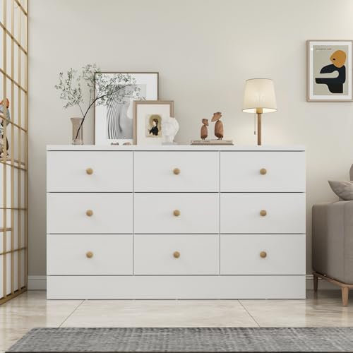 PREMTURE Kommode weiß mit 9 Schubladen, Schubladenschrank, Aufbewahrungsschrank, Kommode mit Massivholzgriffen für Schlafzimmer, Wohnzimmer, 120 x 40 x 70 cm, MDF, milchig weiß