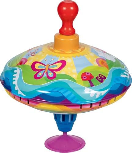 goki 53772 – Brummkreisel Sonnenwirbel – klassisches Schwungspielzeug aus Metall, Holz und Kunststoffi im farbenfrohes hippen Design, Durchmesser 18,5 cm