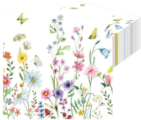 LOCCY 40Pcs Paper Napkins, 33x33cm Colorful Flower Napkins Checkered Gingham Paper Napkin Disposable Party Serviettes for Birthday Party, Wedding, Christmas, Baby Showers (Floral)