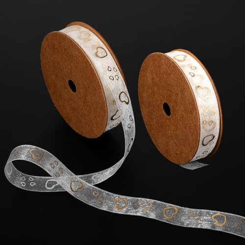 2 Rollen Geschenkband Gold Herzförmiges,Geschenkband Hochzeit, Geeignet Für Geschenke, 1,6 CM × 9,14 M, Haarschmuck, Brautsträuße, Nähprojekte, Hochzeitsdekorationen(Herztyp)