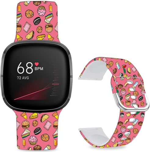Sjiangqiao Weiches Silikon-Sportarmband für Damen und Herren, kompatibel mit Fitbit Versa 4 / Versa 3 / Sense 2 / Sense, mit Muster bedruckt, für Damen und Herren (leckeres Essen)