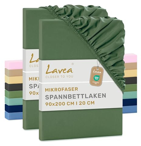 Lavea® 2er Set Spannbettlaken 90x200 cm - Olivgrün | Mikrofaser, Bettlaken mit Rundumgummi, für Matratzen bis 20 cm, atmungsaktiv und kühlend, pflegeleicht, Spannbetttücher