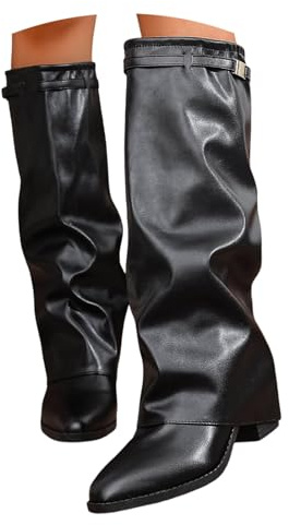 Stivali Donna Invernali Autunnali Stivali Donna Invernali Cowboy Stivaletti Alti Tacchi Biker Fold Over Boots con Tacco