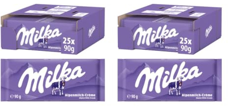 Milka Alpenmilch-Schokolade – klassische Tafelschokolade aus zarter Alpenmilch im Vorratspack – 25 x 90g (Packung mit 2)