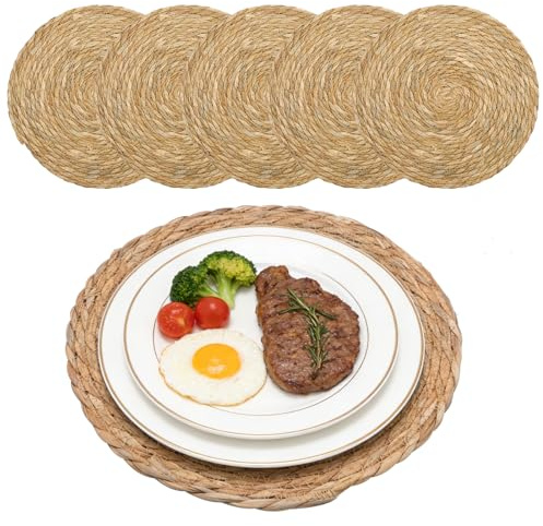 MospdyGear 6 Stück 30 cm Runde Seegras- Tischsets, Hitzebeständige Tischmatten für Essen und Wohnkultur, Geeignet für den Täglichen Gebrauch und Feierlichkeiten