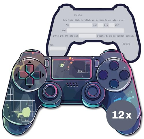 FLYERALARM Gaming Einladungskarten Kindergeburtstag I 12 bunte Geburtstagseinladungen für Mädchen und Jungen (18cm x 11,5cm) Starkes mattes Papier mit fröhlichen Motiven für Kinder